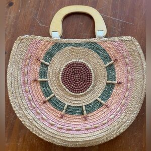 1990s Straw Bag, Purse, Beaded Sunburst Design Beach Tote Bag Wooden Handle